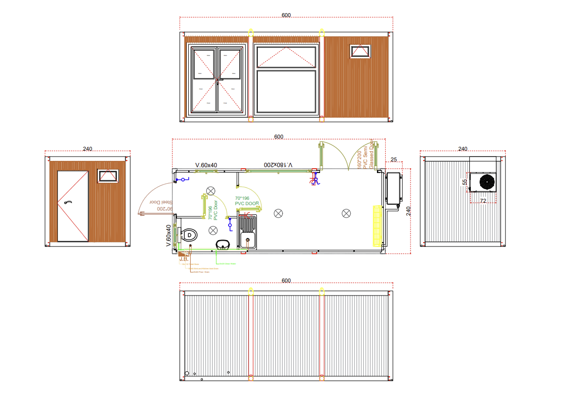Tekening kantoorunit 2,40x6,00m