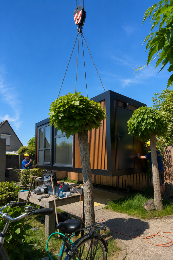Plaatsing kantine met toiletruimte met hijskraan