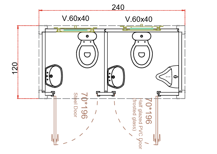 Plattegrond dubbel toilet met urinoir