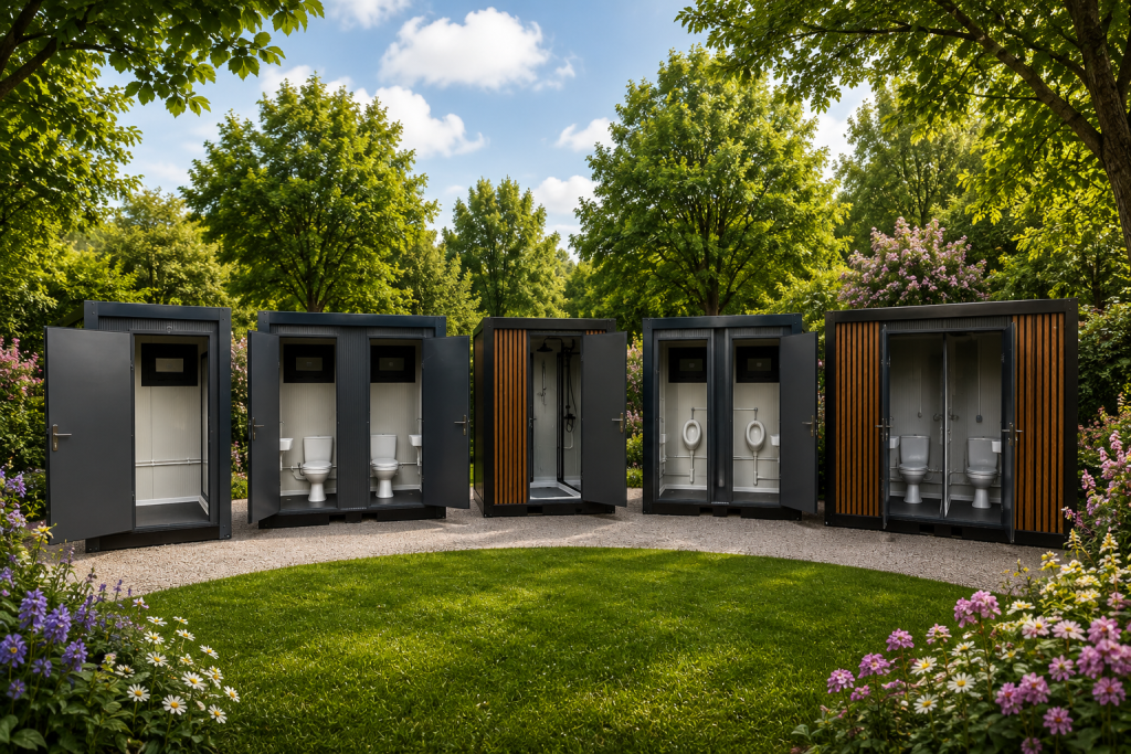 Privé sanitair kopen voor campings. Een aantal toilet en douche units uit onze voorraad